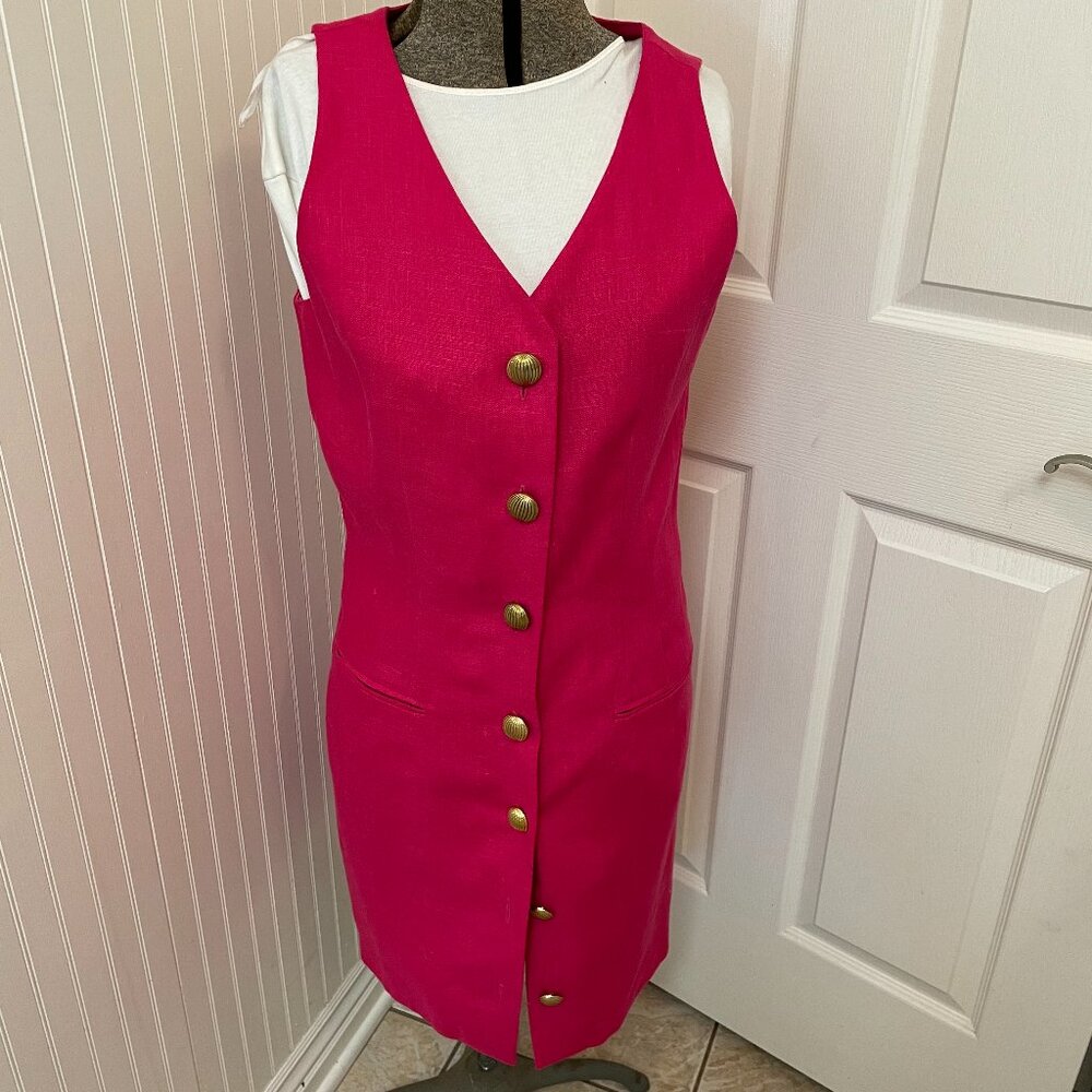 SAKE 100% LINEN BUTTON FRONT SLEEVELESS SHEATH DRESS, FUSHIA, SIZE 10